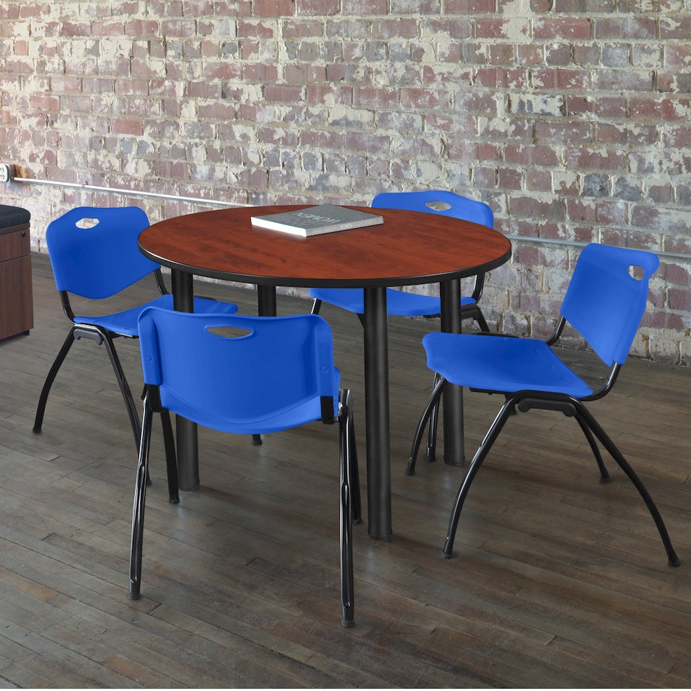 36 in Round Breakroom Table- Cherry Top, Black Legs, 4 M Stack Chairs- Blue. Picture 6