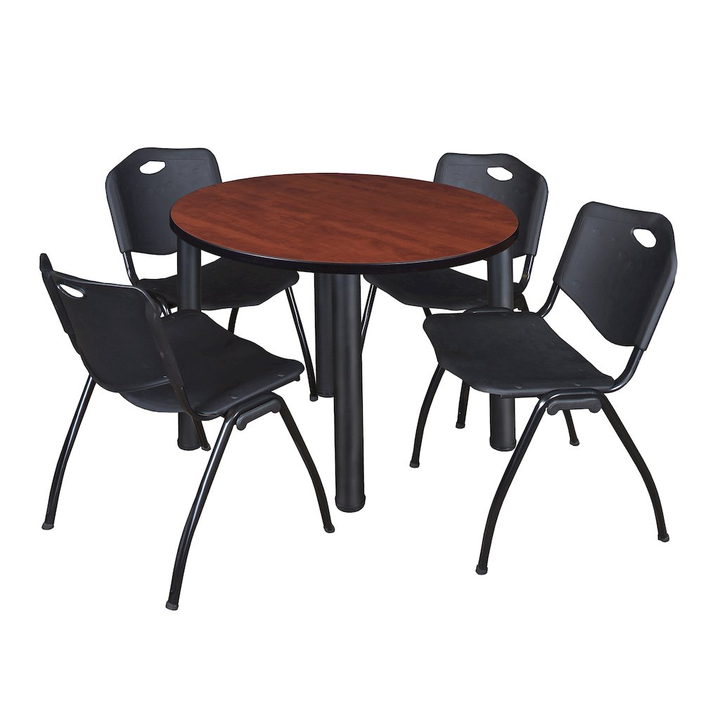 36 in Round Breakroom Table- Cherry Top, Black Legs, 4 M Stack Chairs- Black. Picture 1