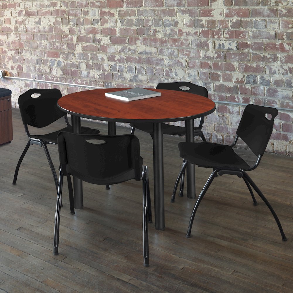 36 in Round Breakroom Table- Cherry Top, Black Legs, 4 M Stack Chairs- Black. Picture 6