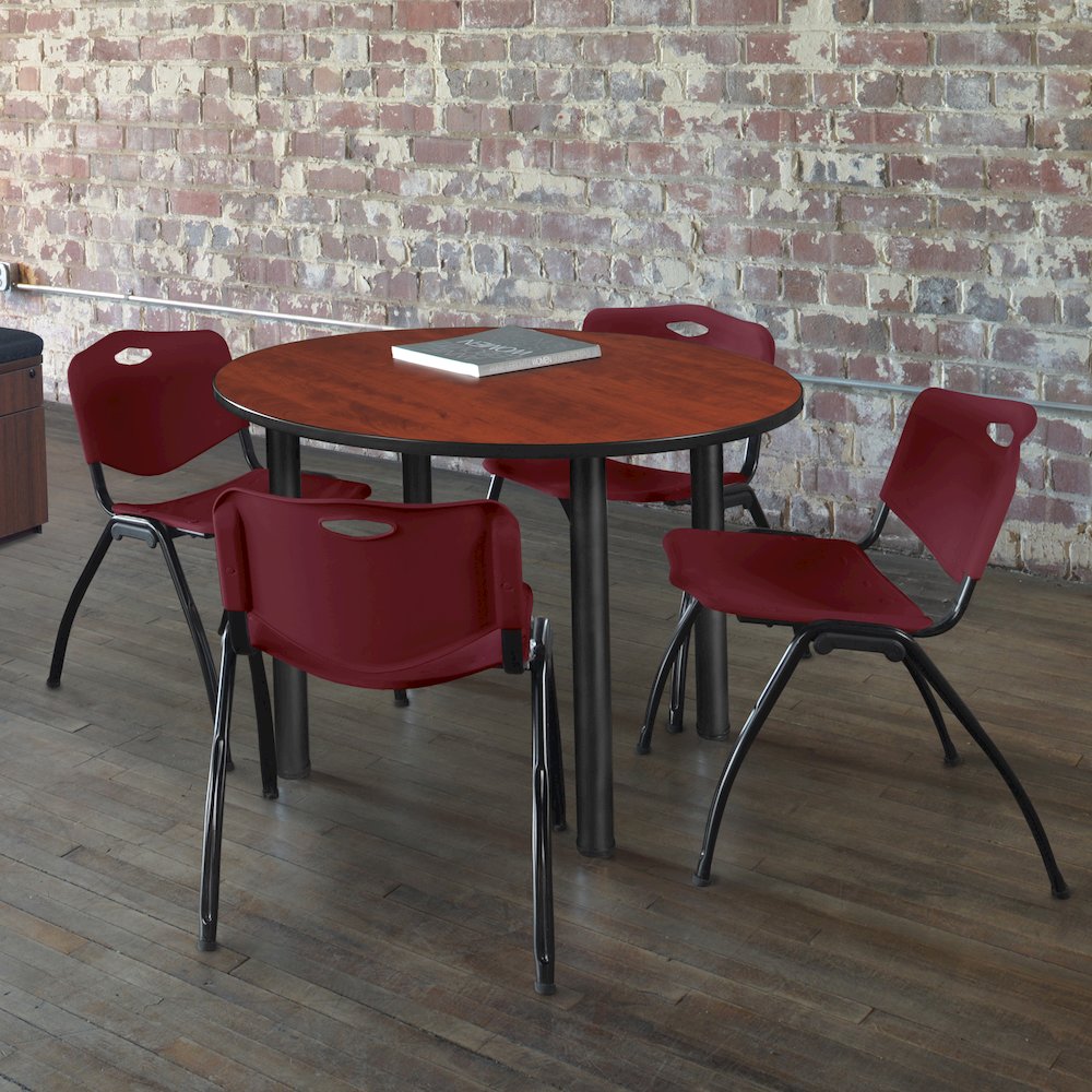 36 in Round Breakroom Table- Cherry Top, Black Legs, 4 M Stack Chairs- Burgundy. Picture 6