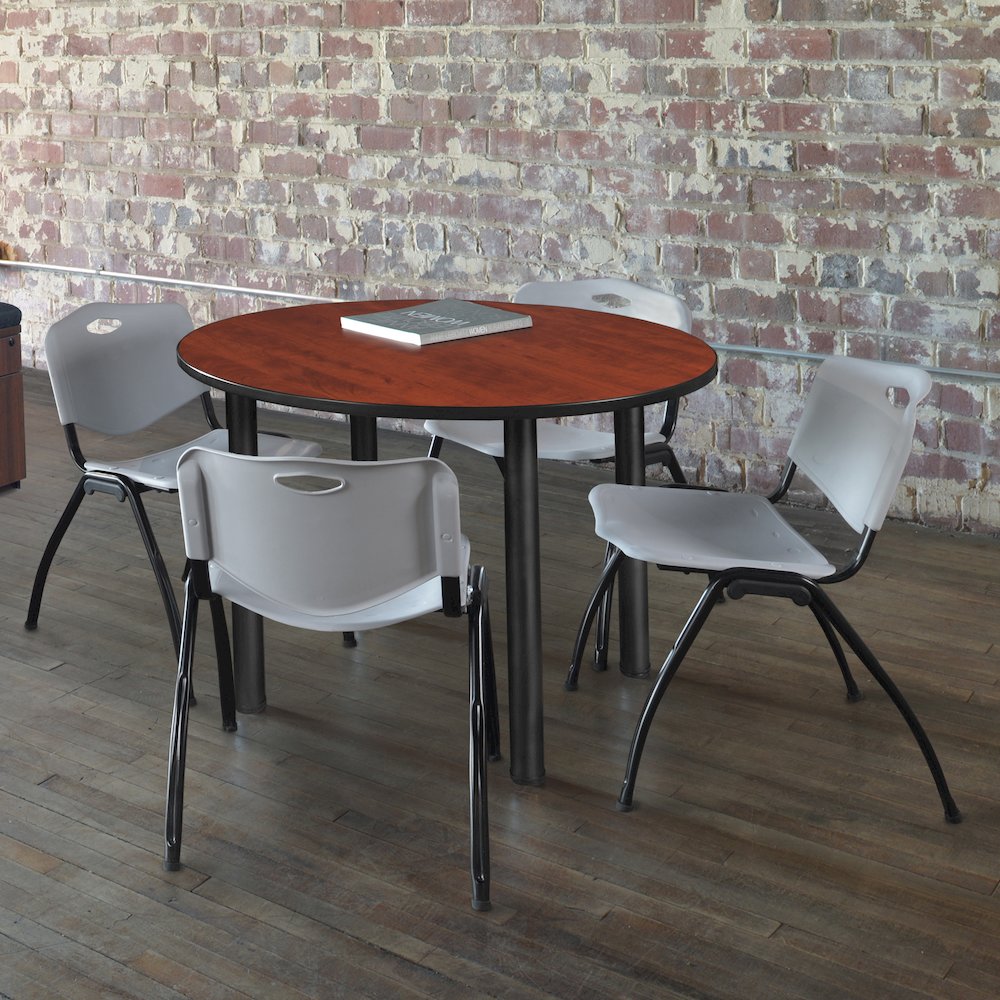 36 in Round Breakroom Table- Cherry Top, Black Legs, 4 M Stack Chairs- Grey. Picture 6