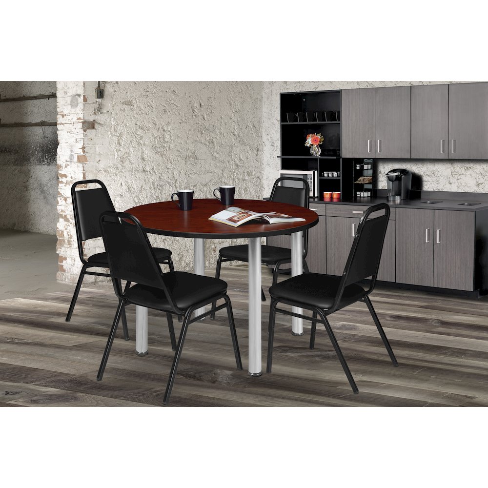 36 in Round Breakroom Table- Cherry Top, Chrome Legs, 4 Restaurant Stack Chairs. Picture 6