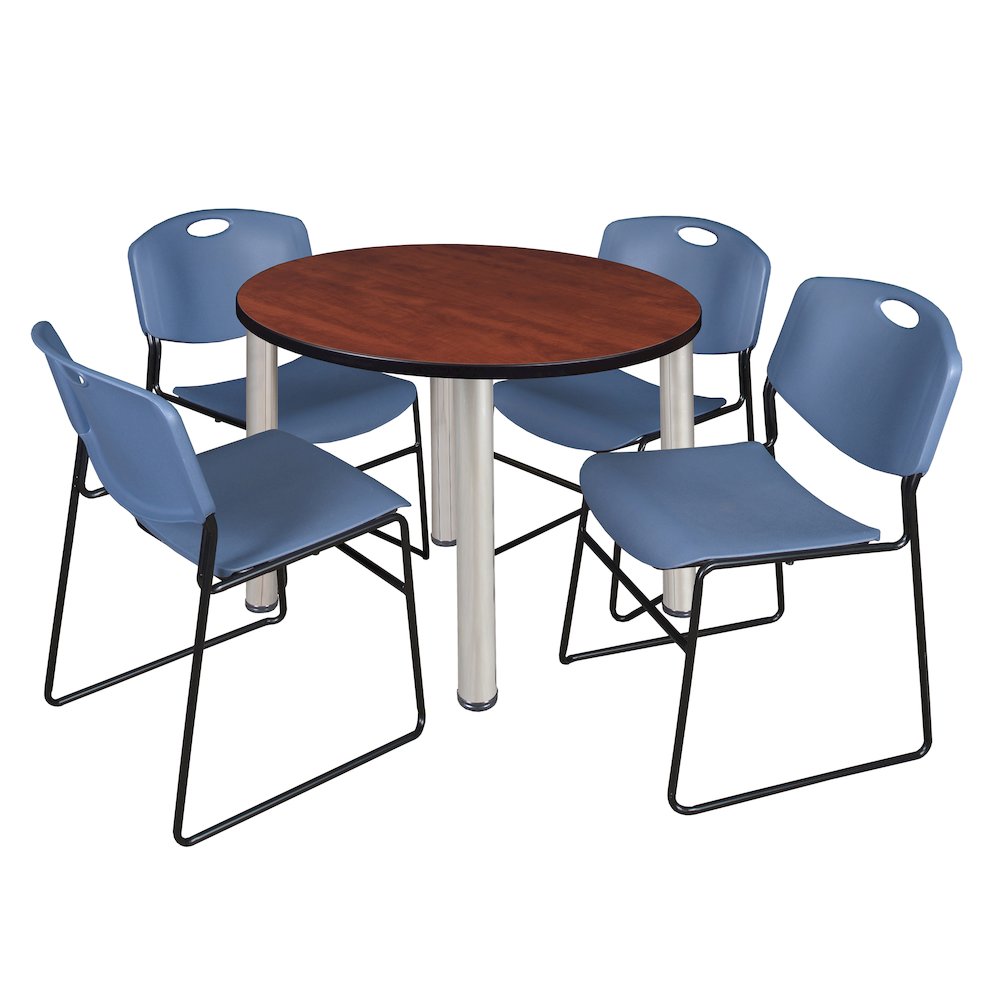 36 in Round Breakroom Table- Cherry Top, Chrome Legs, 4 Zeng Stack Chairs- Blue. Picture 1