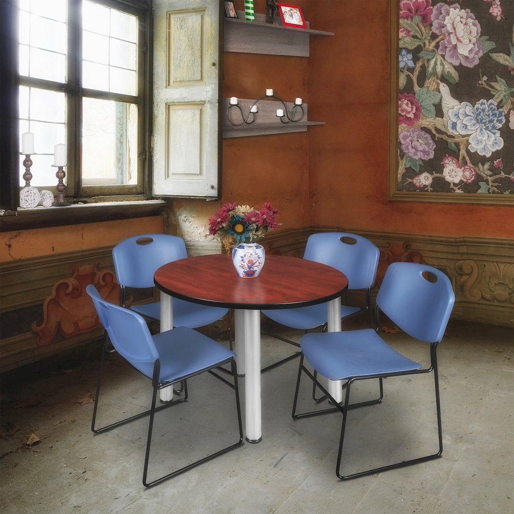 36 in Round Breakroom Table- Cherry Top, Chrome Legs, 4 Zeng Stack Chairs- Blue. Picture 6