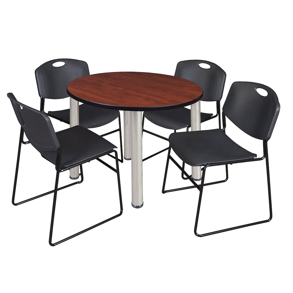 36 in Round Breakroom Table- Cherry Top, Chrome Legs, 4 Zeng Stack Chairs- Black. Picture 1