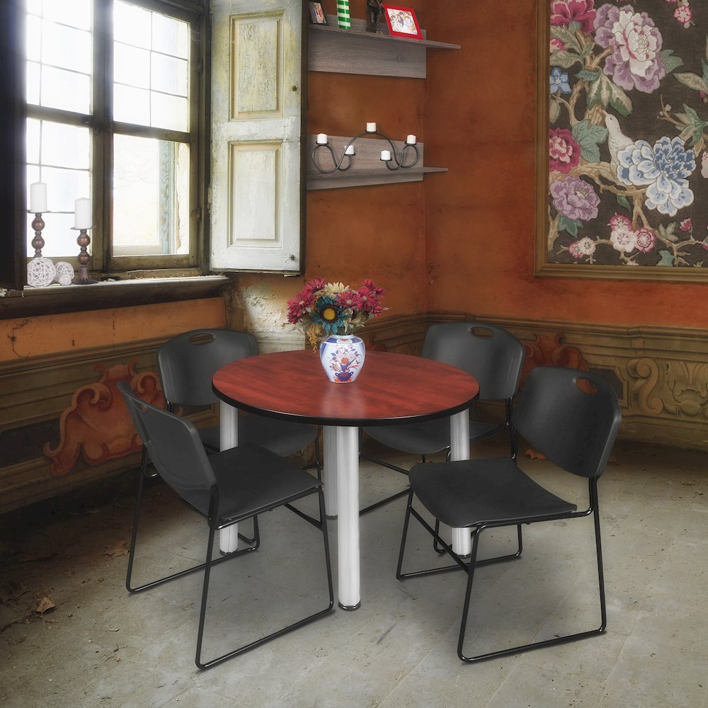36 in Round Breakroom Table- Cherry Top, Chrome Legs, 4 Zeng Stack Chairs- Black. Picture 6