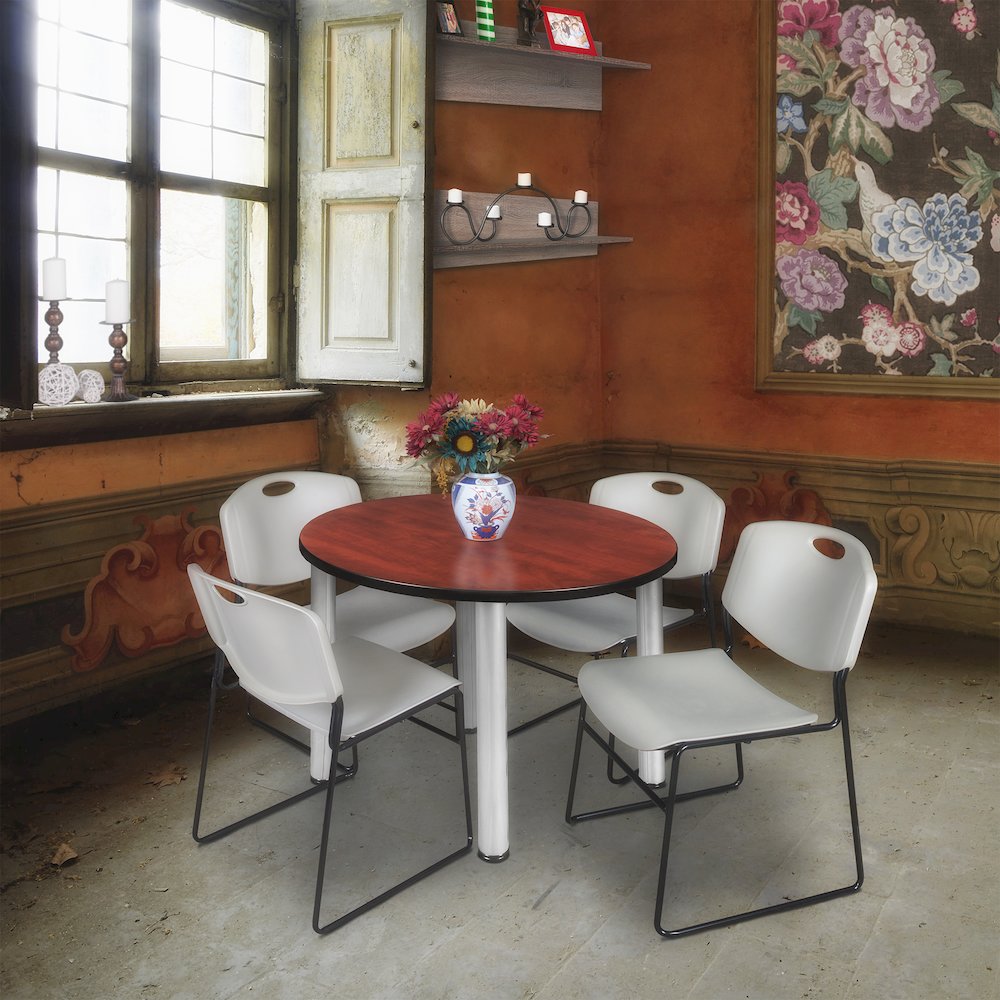 36 in Round Breakroom Table- Cherry Top, Chrome Legs, 4 Zeng Stack Chairs- Grey. Picture 6