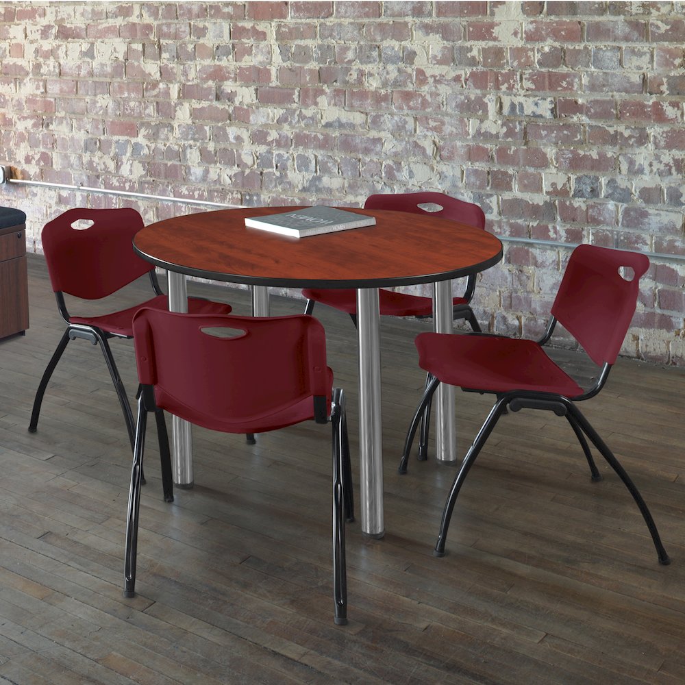 36 in Round Breakroom Table- Cherry Top, Chrome Legs, 4 M Stack Chairs- Burgundy. Picture 6