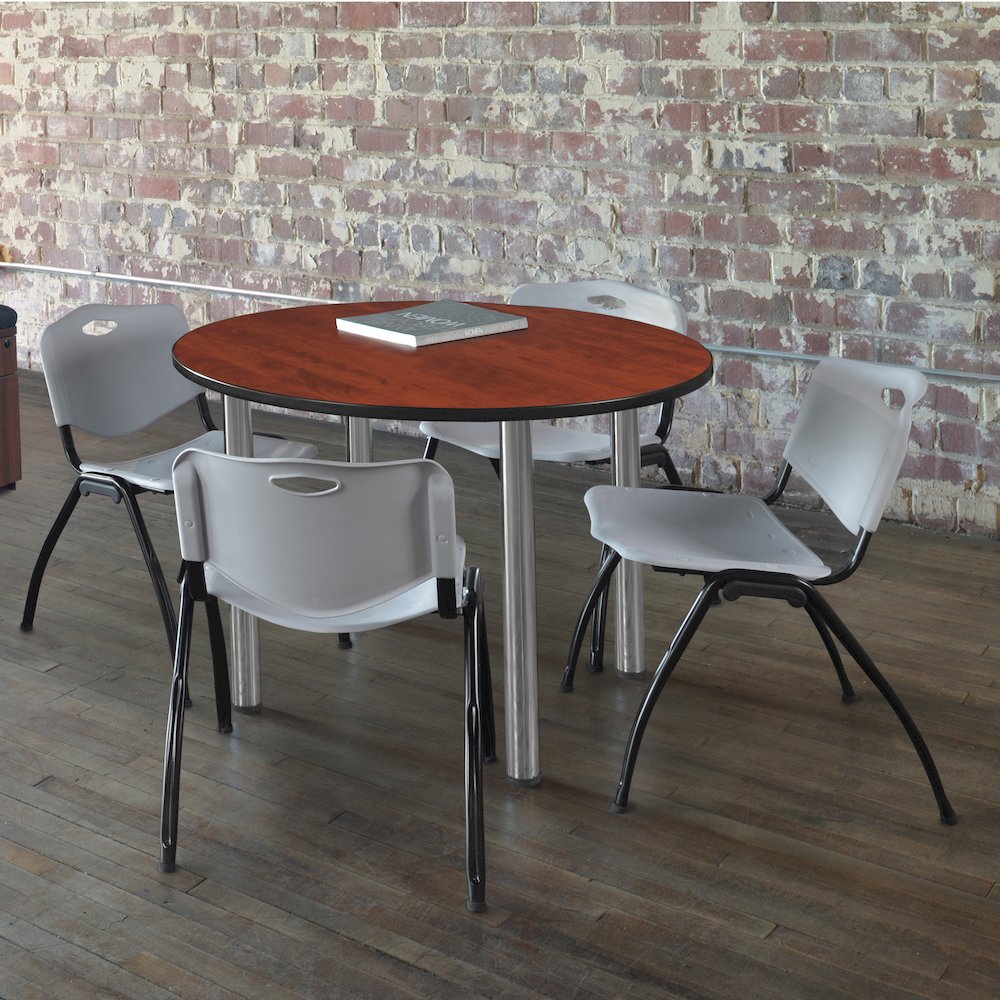 36 in Round Breakroom Table- Cherry Top, Chrome Legs, 4 M Stack Chairs- Grey. Picture 6