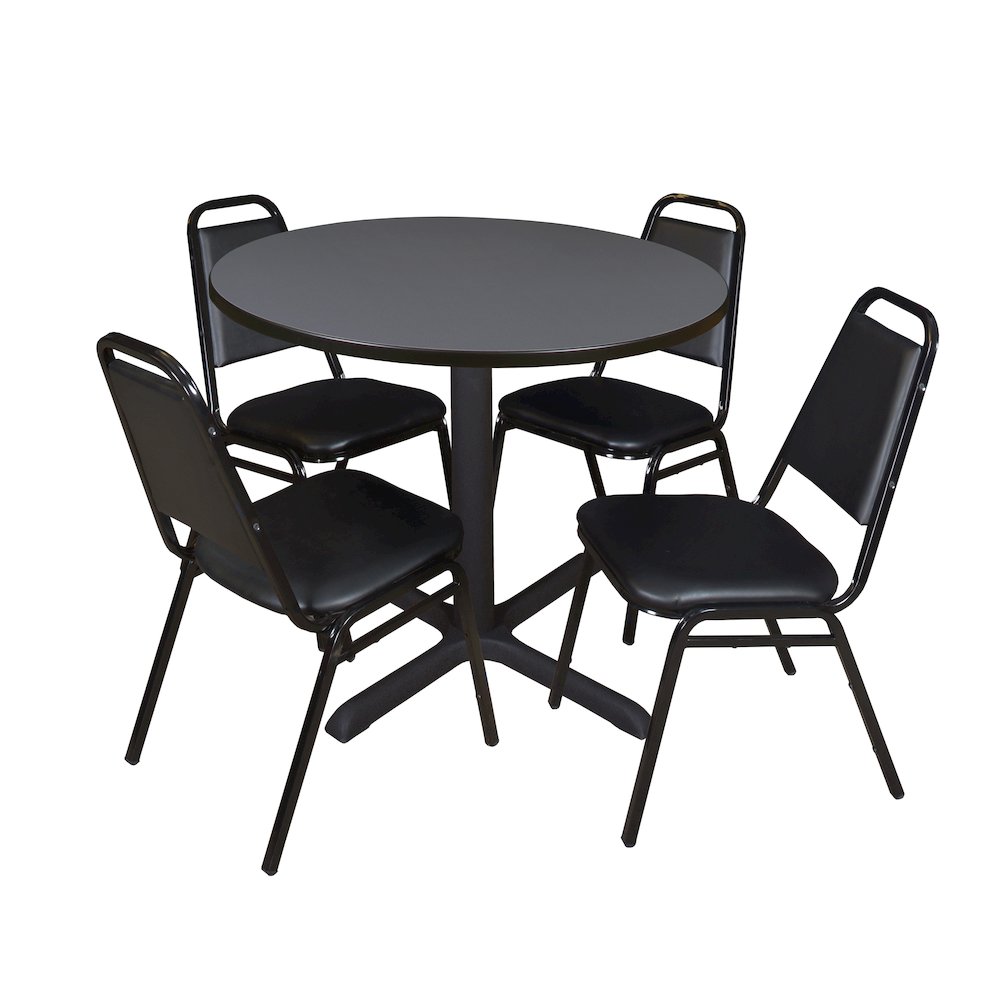 36 in. Round X-Base Breakroom Table- Grey & 4 Restaurant Stack Chairs- Black. Picture 1