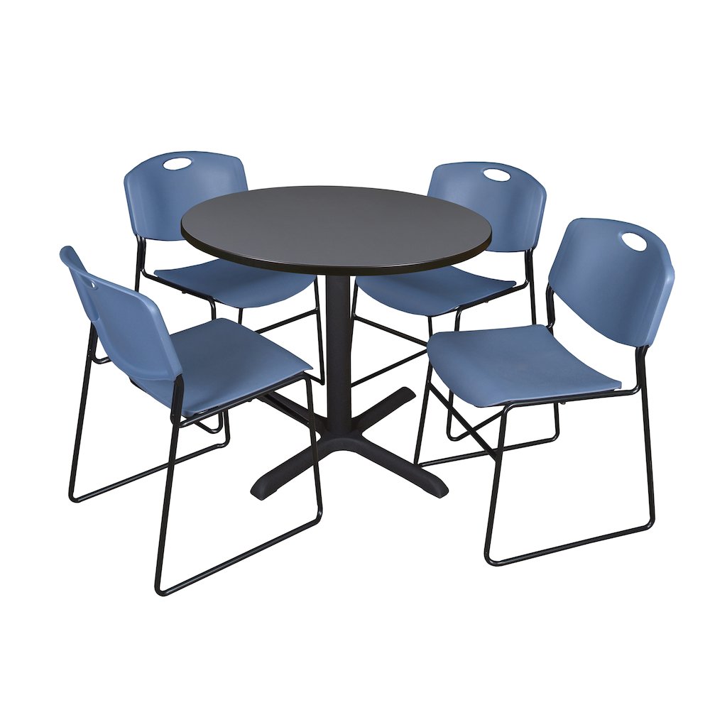 36 in. Round X-Base Breakroom Table- Grey & 4 Zeng Stack Chairs- Blue. Picture 1