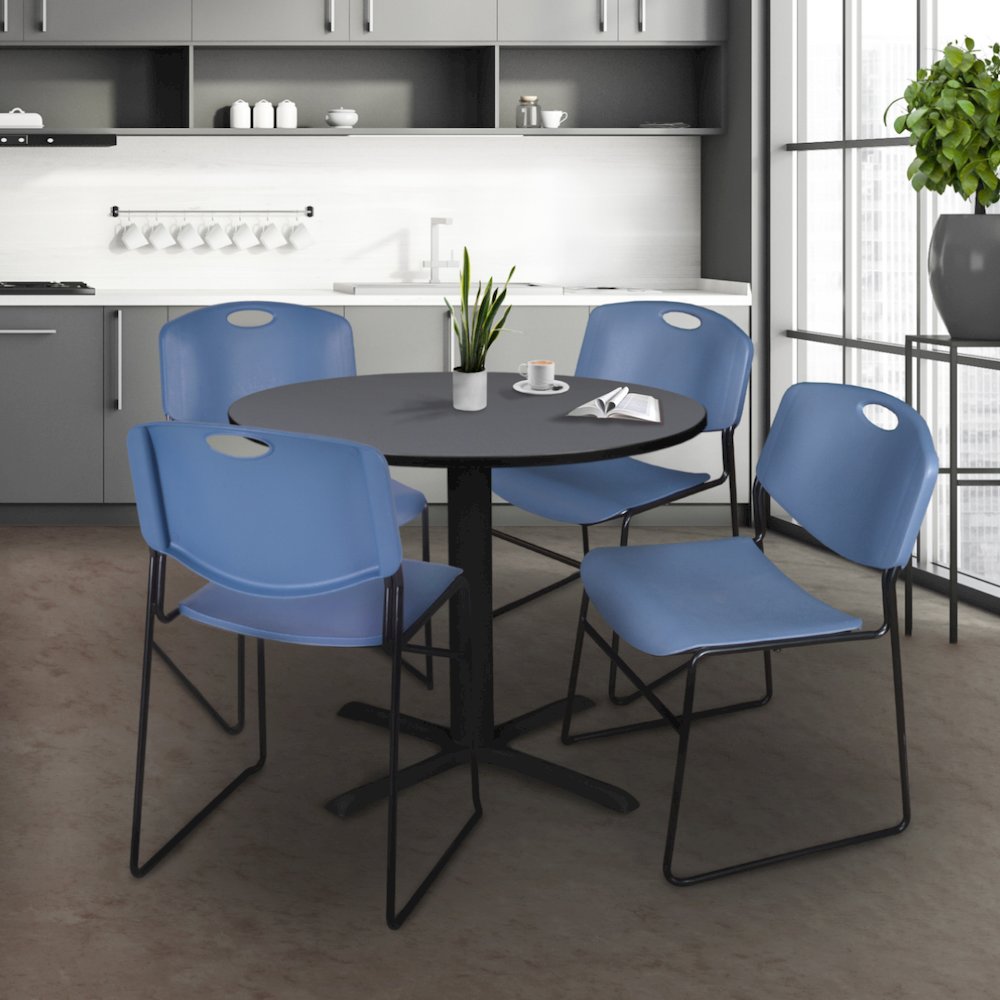 36 in. Round X-Base Breakroom Table- Grey & 4 Zeng Stack Chairs- Blue. Picture 8