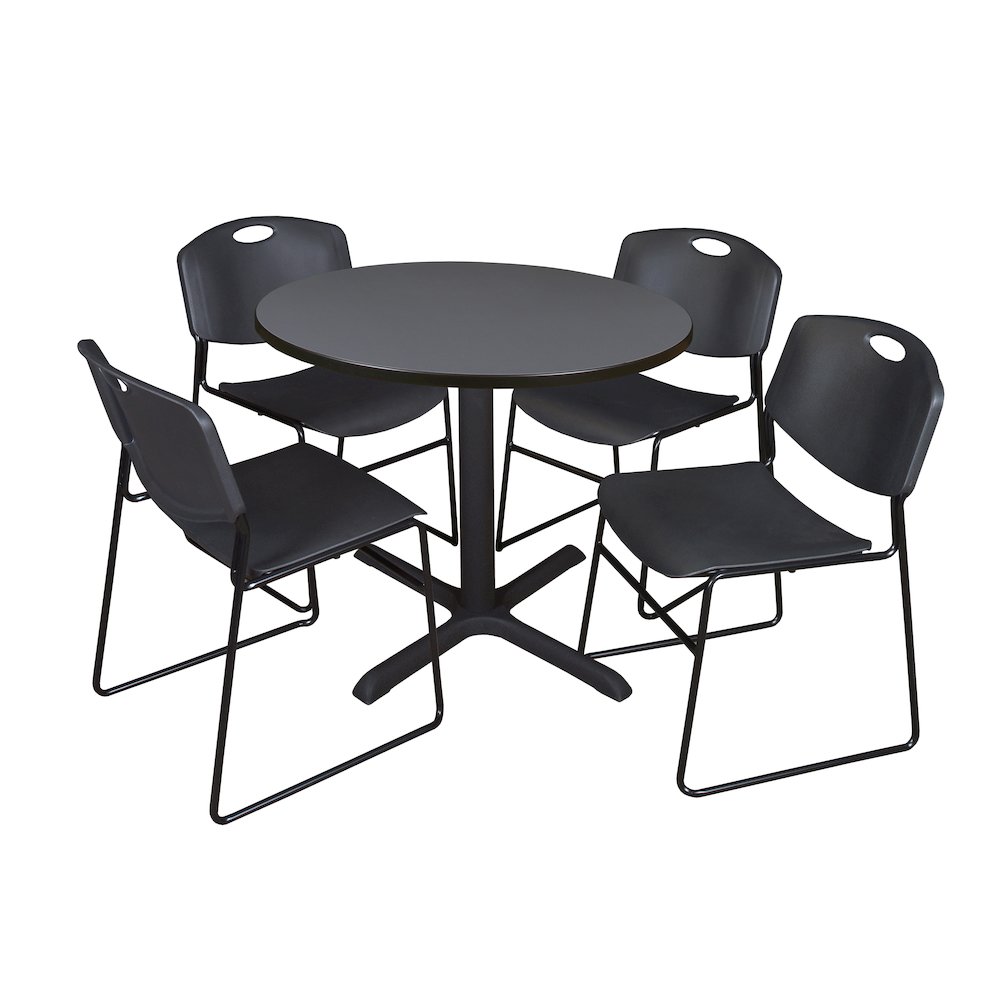 36 in. Round X-Base Breakroom Table- Grey & 4 Zeng Stack Chairs- Black. Picture 1