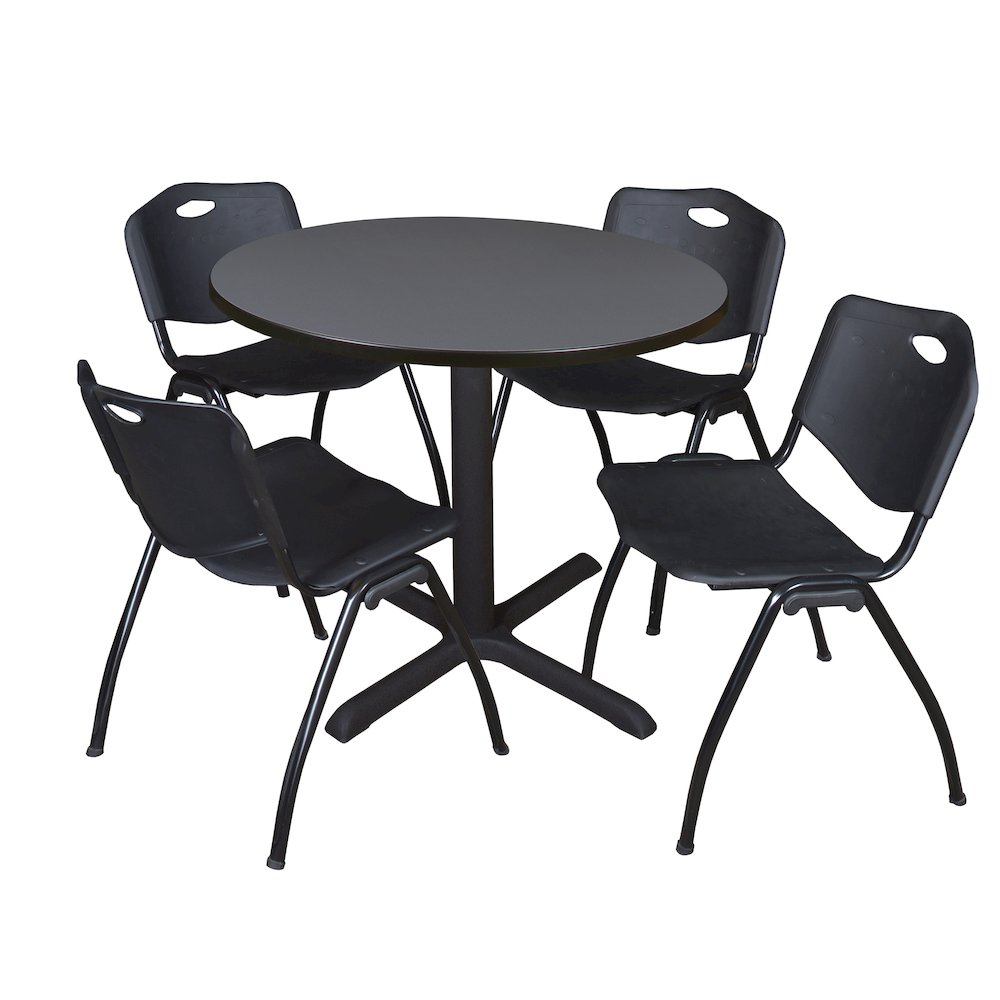36 in. Round X-Base Breakroom Table- Grey & 4 M Stack Chairs- Black. Picture 1