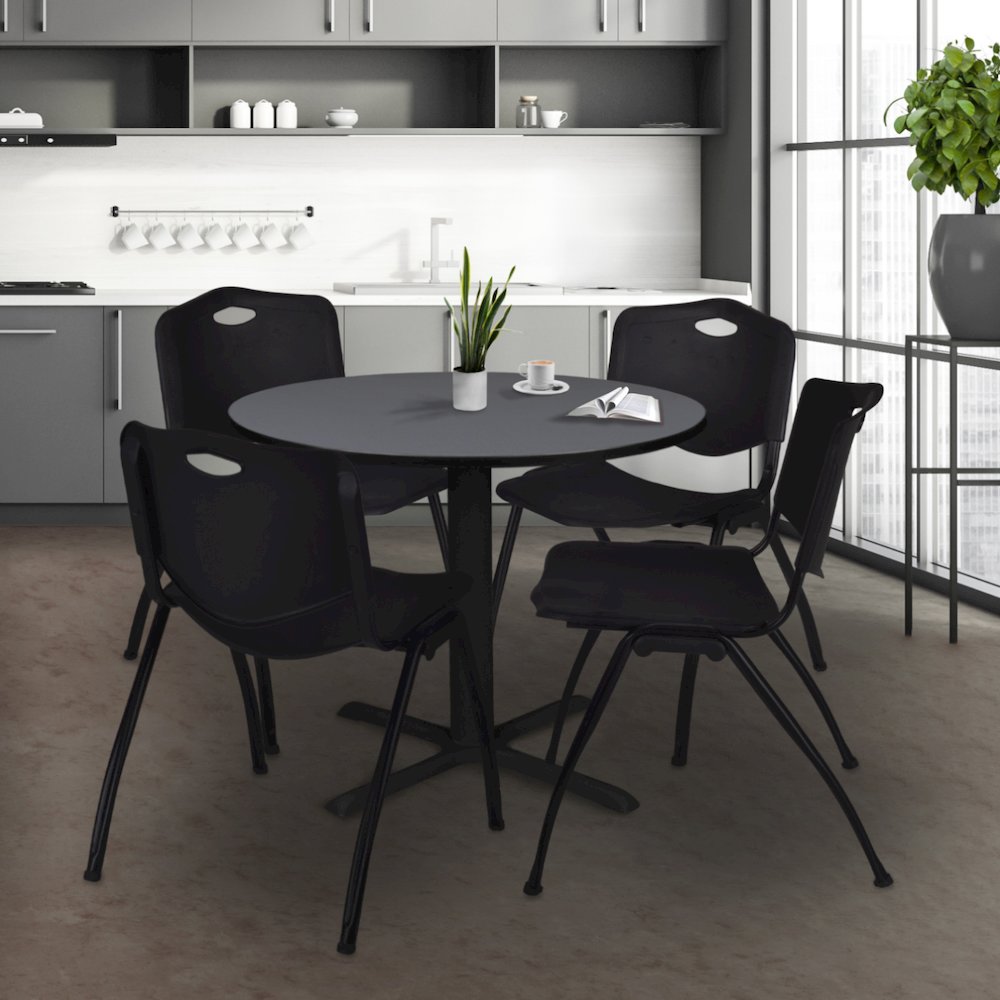 36 in. Round X-Base Breakroom Table- Grey & 4 M Stack Chairs- Black. Picture 8