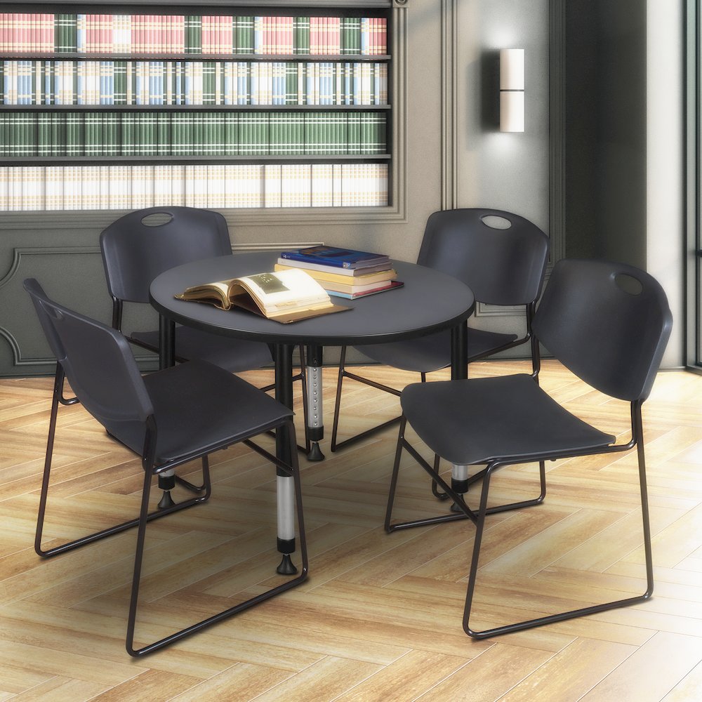 36 in. Round Adjustable Classroom Table- Grey & 4 Zeng Stack Chairs- Black. Picture 6
