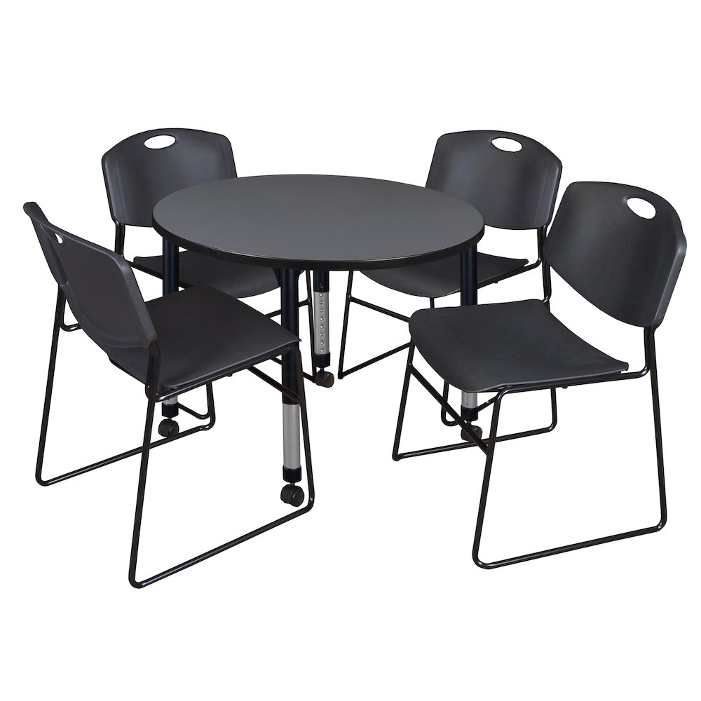 36 Round Mobile Adjustable Classroom Table- Grey & 4 Zeng Stack Chairs- Black. Picture 1