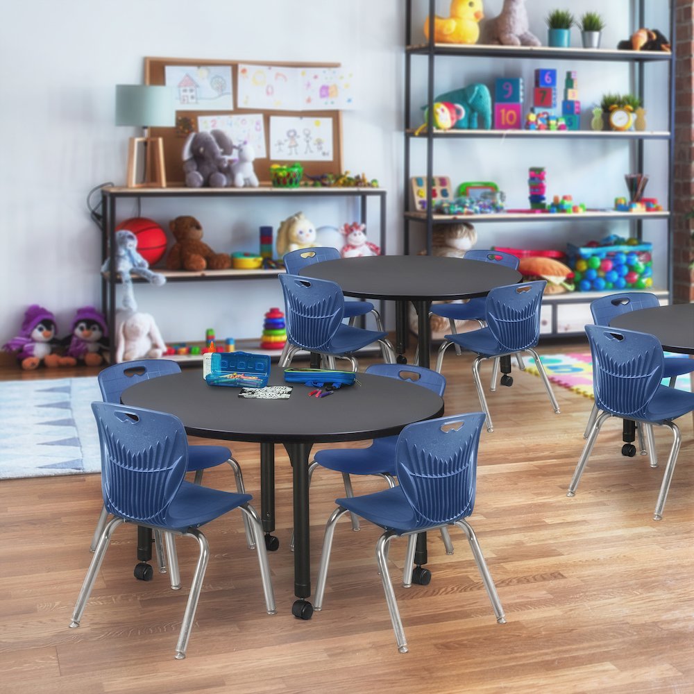 36 in. Round Adjustable Classroom Table- Grey & 4 Andy 12 in. Stack Chairs- Blue. Picture 6