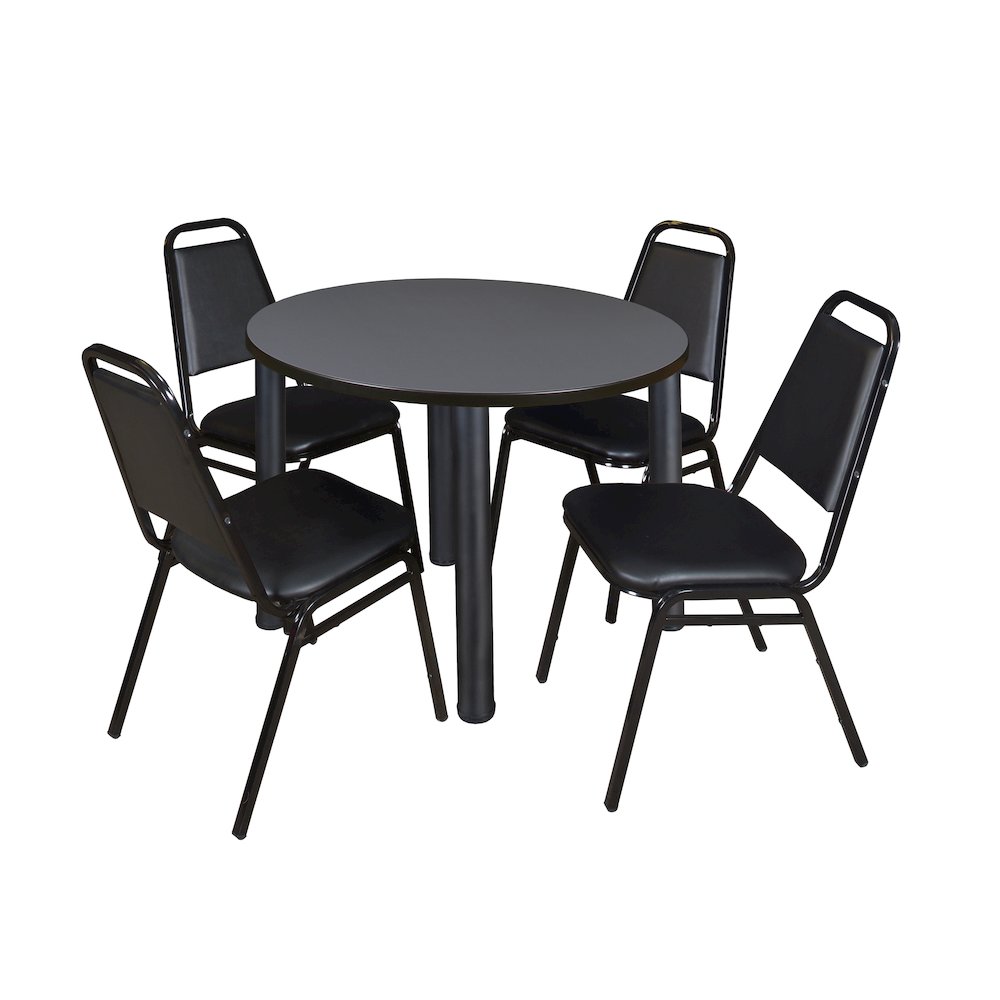 36 in Round Breakroom Table- Grey Top, Black Legs, 4 Restaurant Stack Chairs. Picture 1