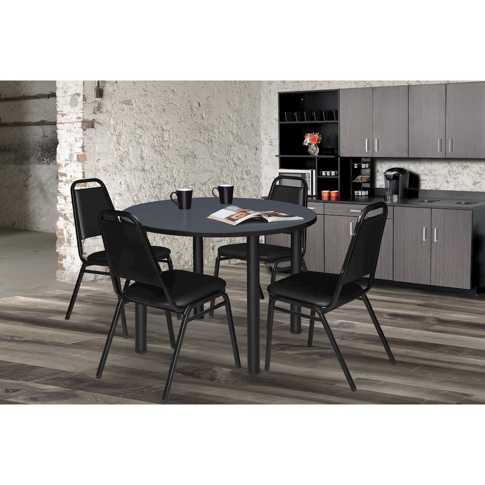 36 in Round Breakroom Table- Grey Top, Black Legs, 4 Restaurant Stack Chairs. Picture 6