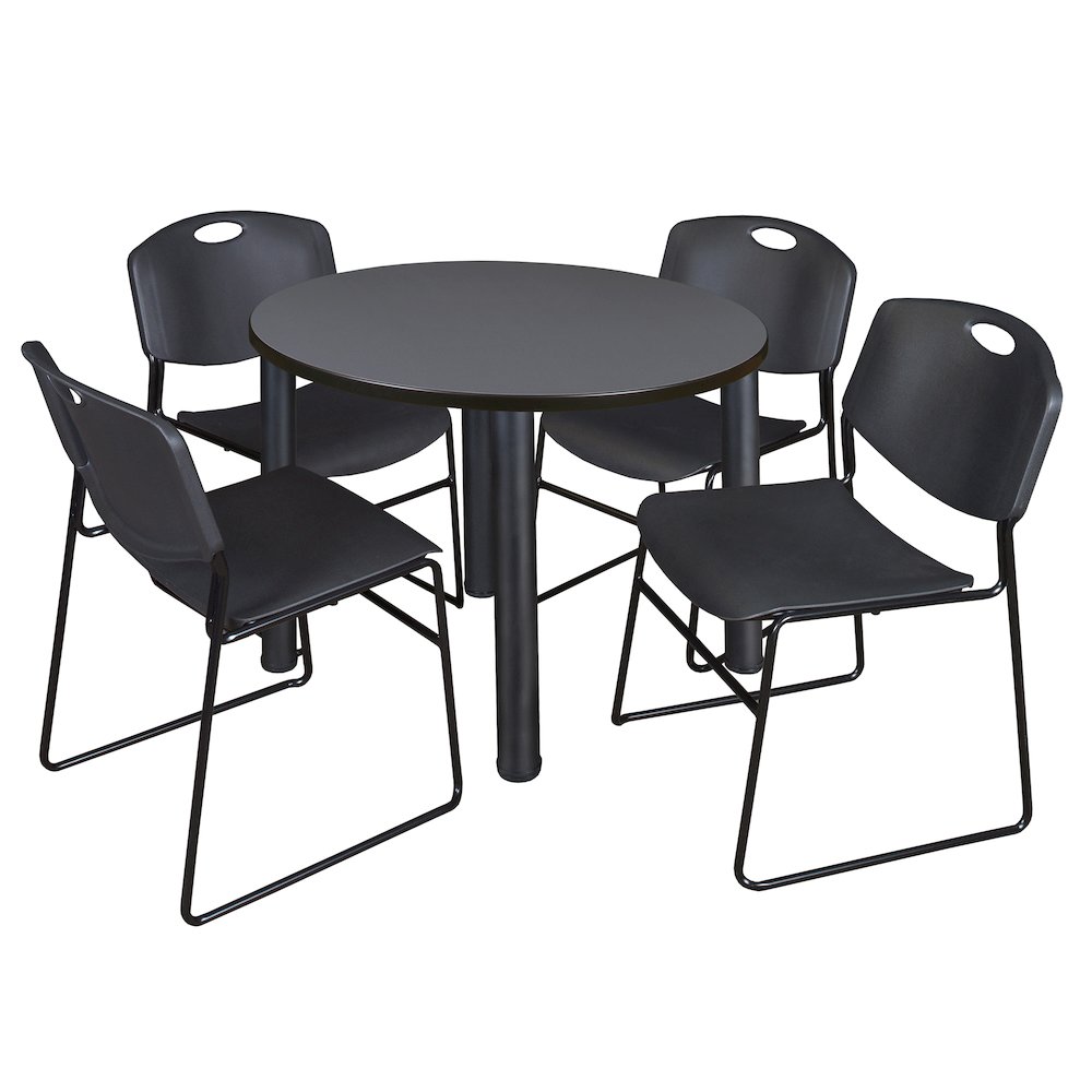 36 in Round Breakroom Table- Grey Top, Black Legs, 4 Zeng Stack Chairs- Black. Picture 1