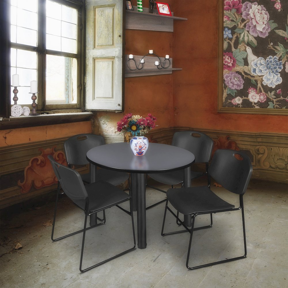 36 in Round Breakroom Table- Grey Top, Black Legs, 4 Zeng Stack Chairs- Black. Picture 6