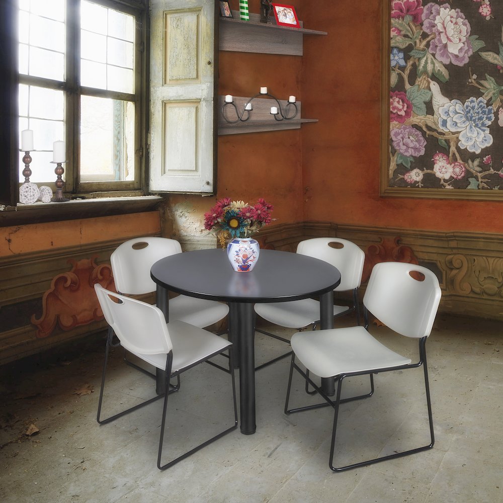 36 in Round Breakroom Table- Grey Top, Black Legs, 4 Zeng Stack Chairs- Grey. Picture 6