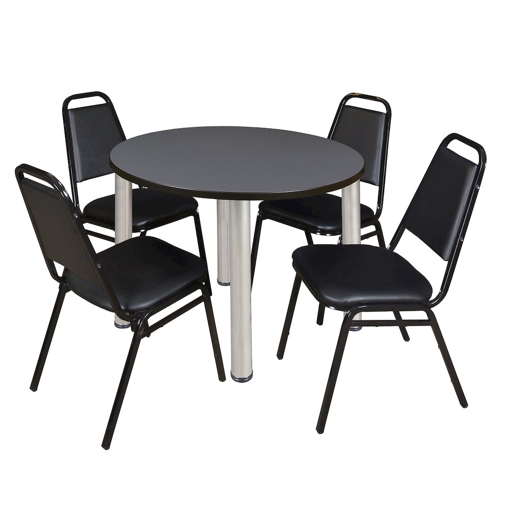 36 in Round Breakroom Table- Grey Top, Chrome Legs, 4 Restaurant Stack Chairs. Picture 1