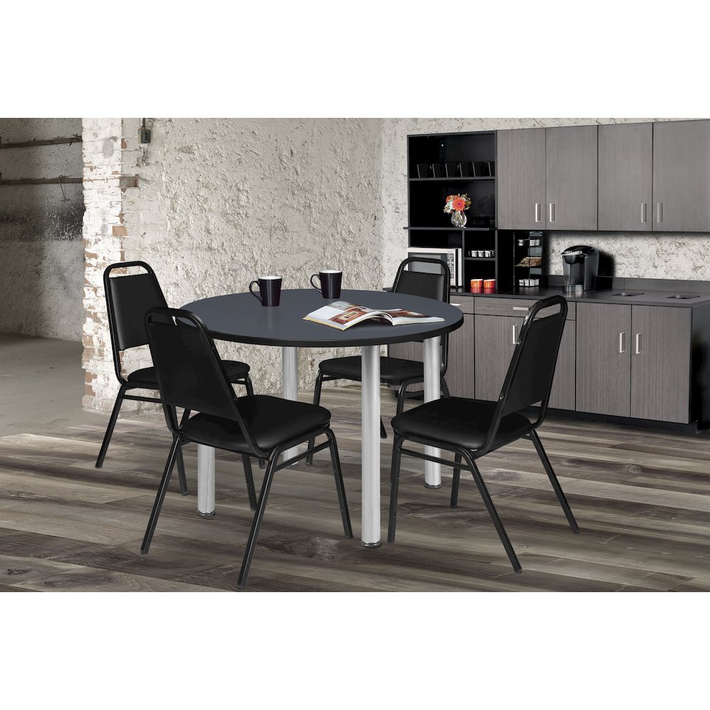 36 in Round Breakroom Table- Grey Top, Chrome Legs, 4 Restaurant Stack Chairs. Picture 6