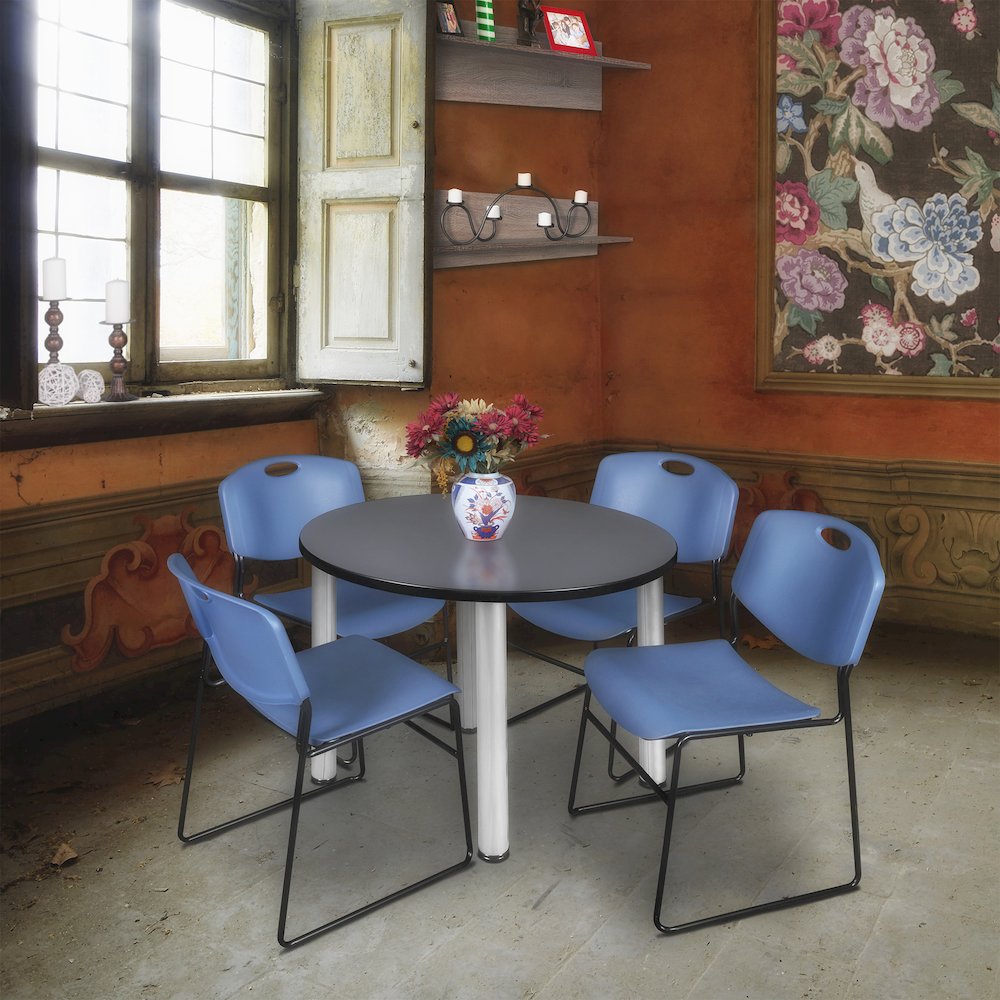 36 in Round Breakroom Table- Grey Top, Chrome Legs, 4 Zeng Stack Chairs- Blue. Picture 6