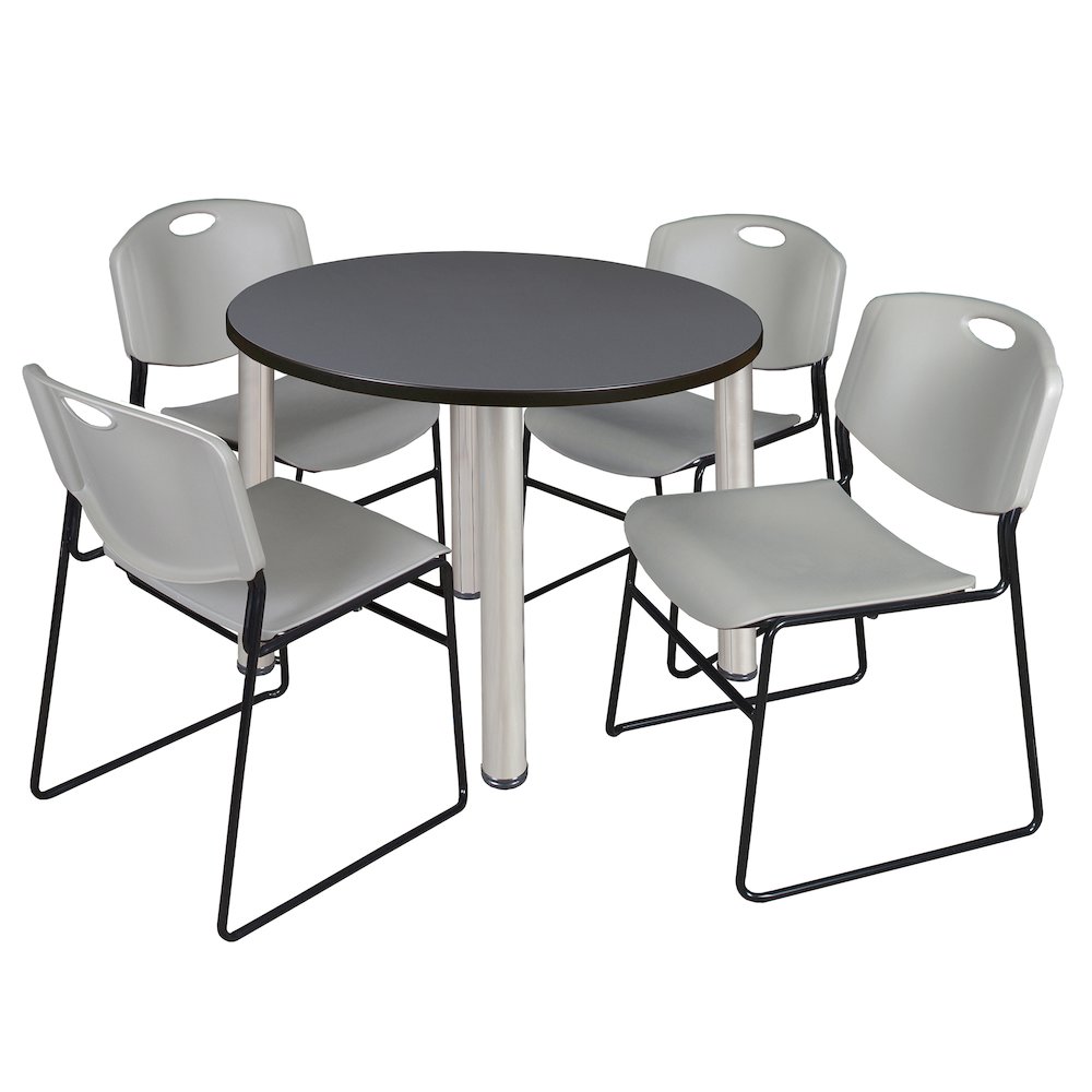 36 in Round Breakroom Table- Grey Top, Chrome Legs, 4 Zeng Stack Chairs- Grey. Picture 1