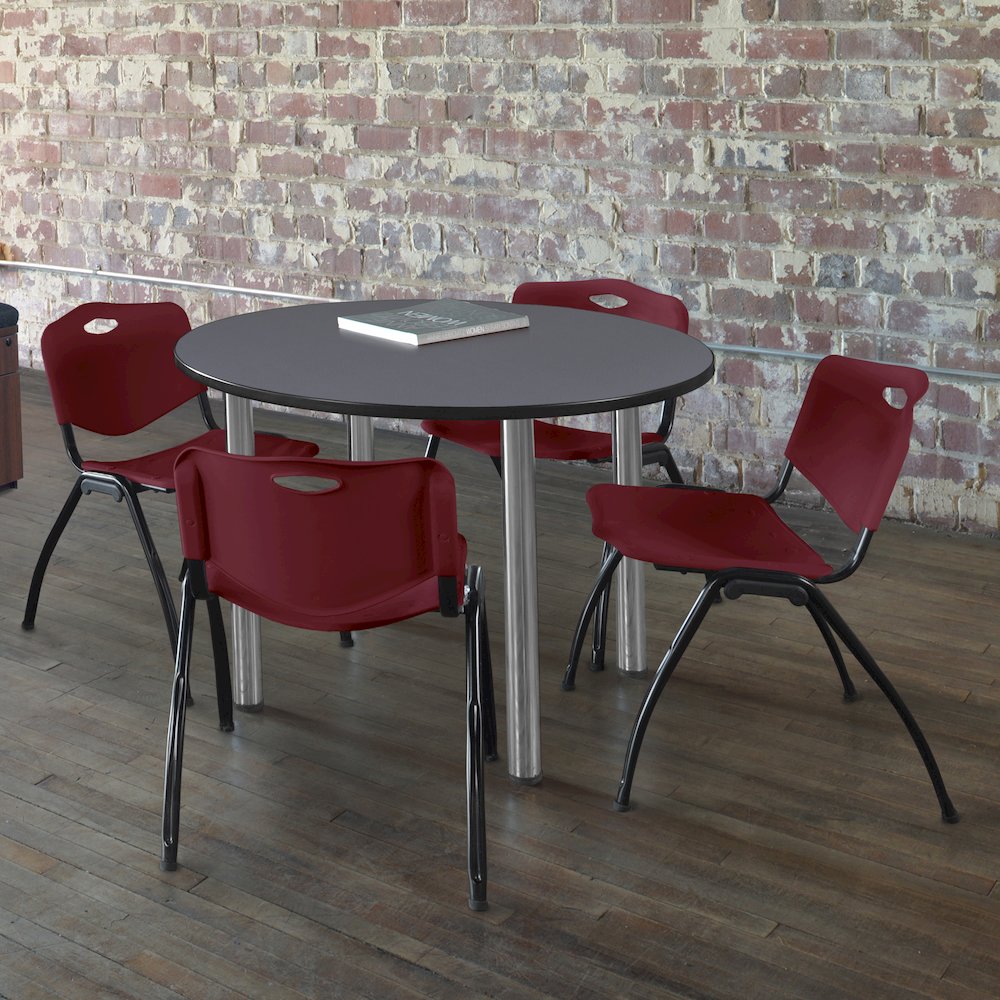 36 in Round Breakroom Table- Grey Top, Chrome Legs, 4 M Stack Chairs- Burgundy. Picture 6
