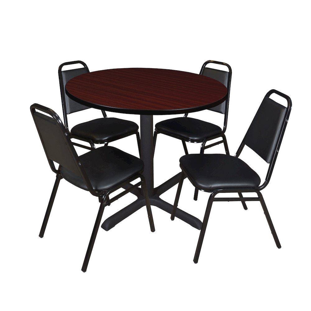 36 in. Round X-Base Breakroom Table- Mahogany & 4 Restaurant Stack Chairs- Black. Picture 1