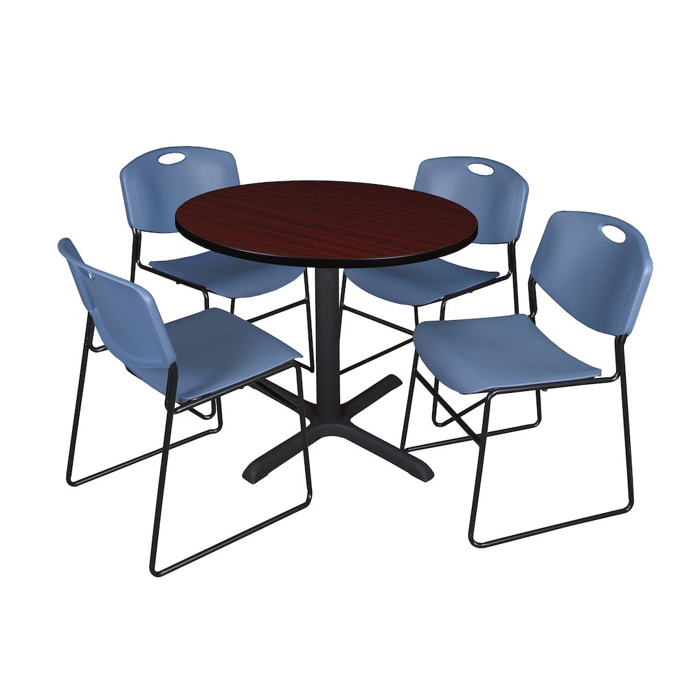 36 in. Round X-Base Breakroom Table- Mahogany & 4 Zeng Stack Chairs- Blue. Picture 1