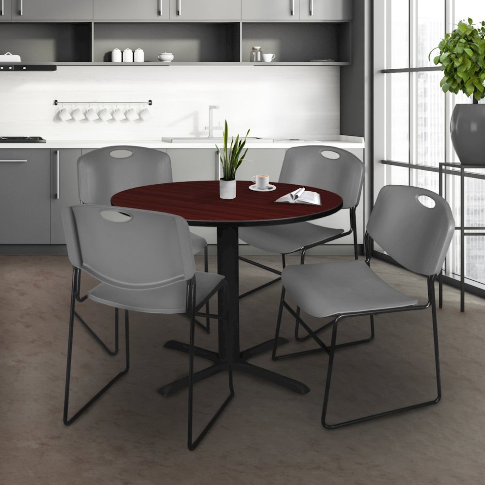 36 in. Round X-Base Breakroom Table- Mahogany & 4 Zeng Stack Chairs- Grey. Picture 8