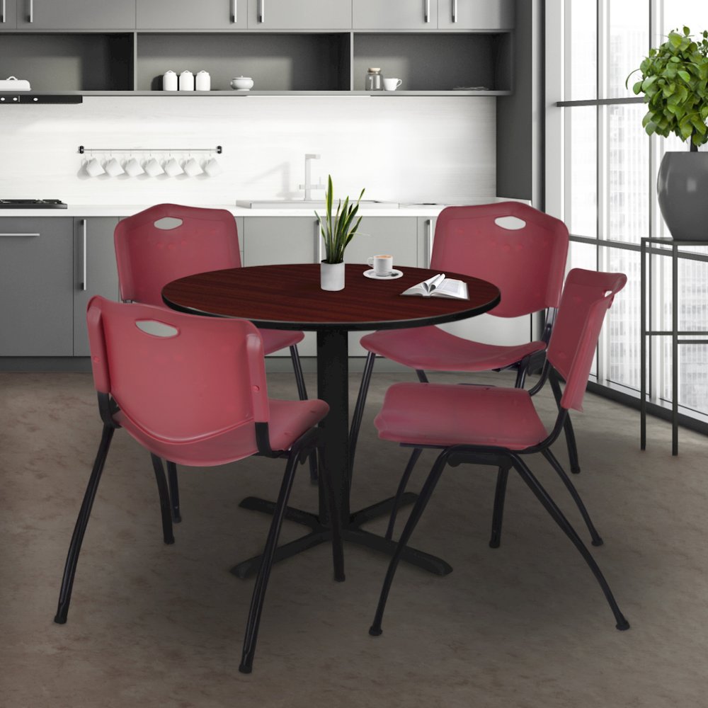 36 in. Round X-Base Breakroom Table- Mahogany & 4 M Stack Chairs- Burgundy. Picture 8