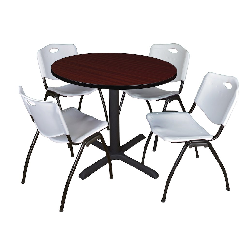 36 in. Round X-Base Breakroom Table- Mahogany & 4 M Stack Chairs- Grey. Picture 1