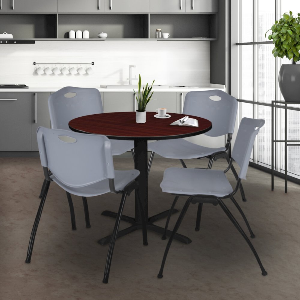 36 in. Round X-Base Breakroom Table- Mahogany & 4 M Stack Chairs- Grey. Picture 8