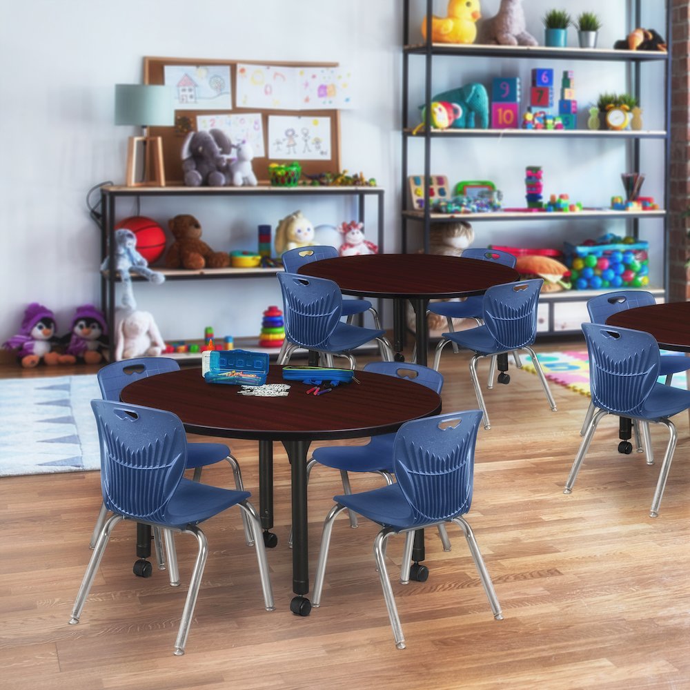36 Round Adjustable Classroom Table- Mahogany & 4 Andy 12 Stack Chairs- Blue. Picture 6