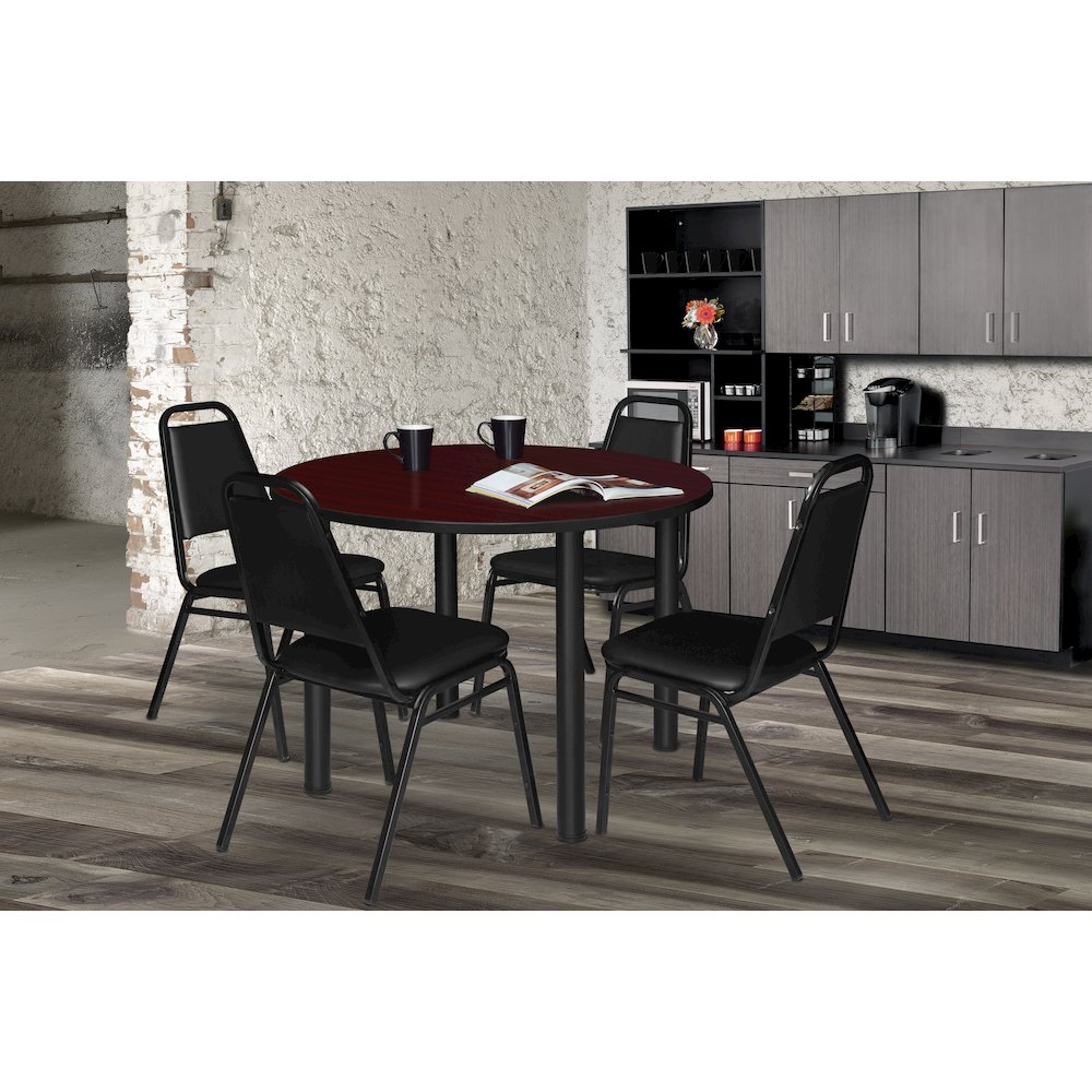 36 in Round Breakroom Table- Mahogany Top, Black Legs, 4 Restaurant Stack Chairs. Picture 6