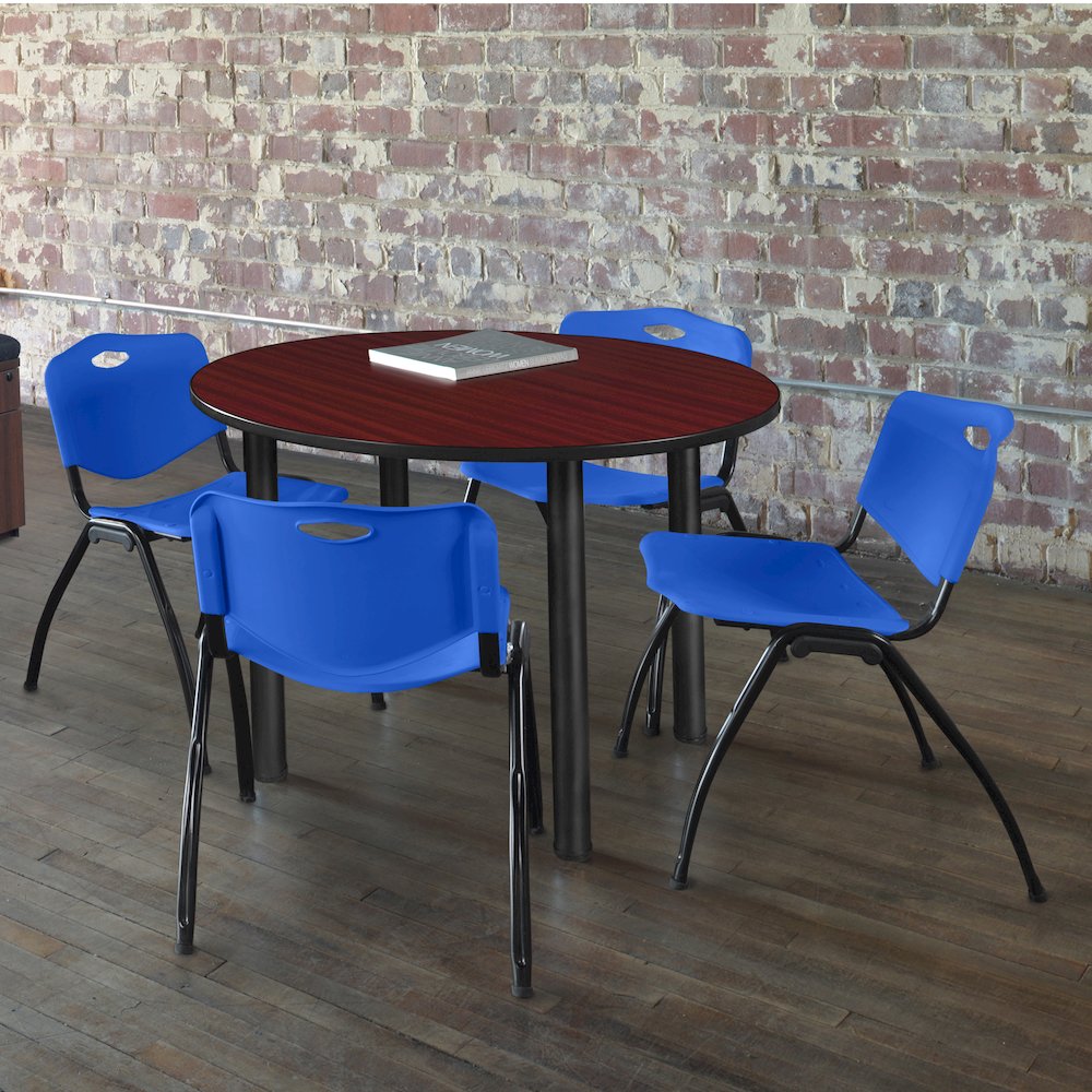 36 in Round Breakroom Table- Mahogany Top, Black Legs, 4 M Stack Chairs- Blue. Picture 6