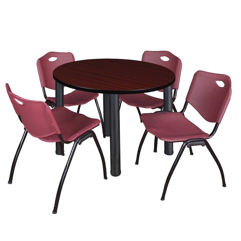 36 Round Breakroom Table- Mahogany Top, Black Legs, 4 M Stack Chairs- Burgundy. Picture 1