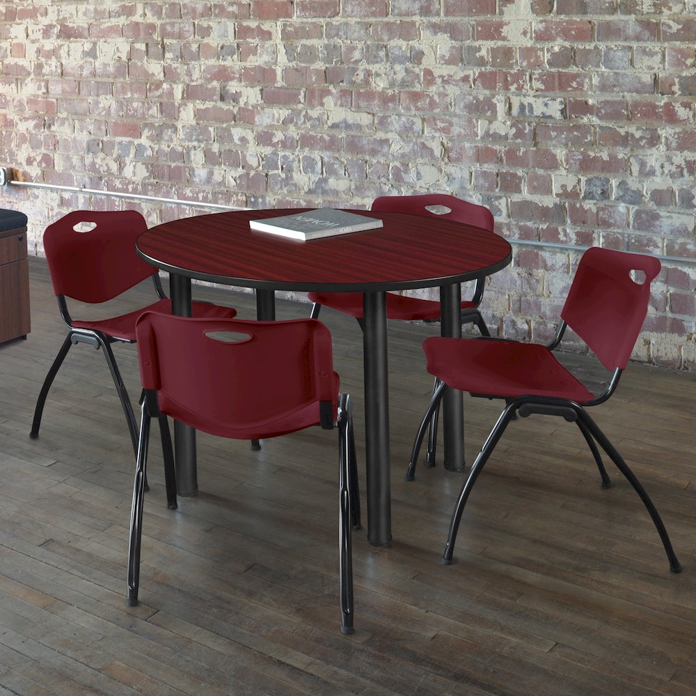 36 Round Breakroom Table- Mahogany Top, Black Legs, 4 M Stack Chairs- Burgundy. Picture 6