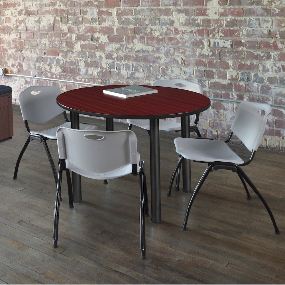36 in Round Breakroom Table- Mahogany Top, Black Legs, 4 M Stack Chairs- Grey. Picture 6