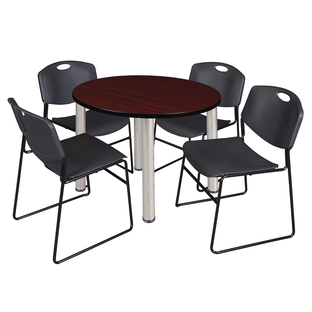 36 Round Breakroom Table- Mahogany Top, Chrome Legs, 4 Zeng Stack Chairs- Black. Picture 1