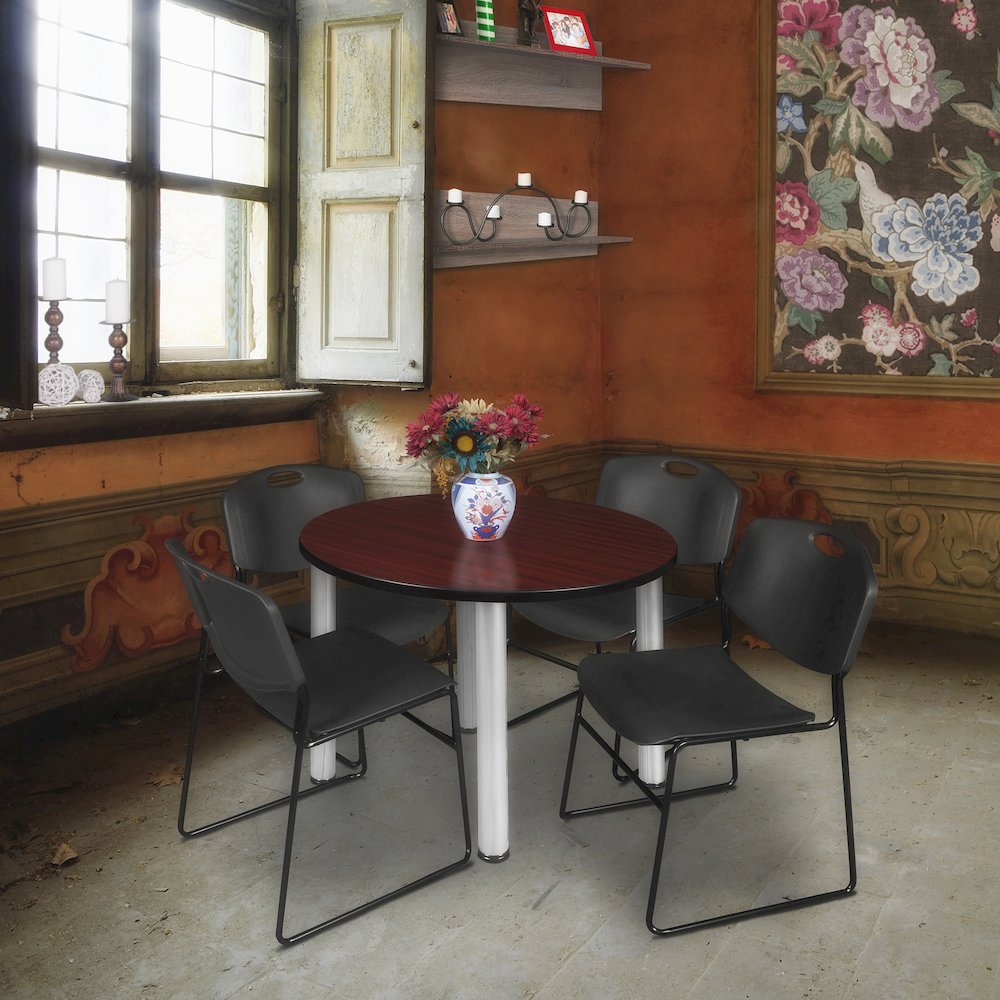 36 Round Breakroom Table- Mahogany Top, Chrome Legs, 4 Zeng Stack Chairs- Black. Picture 6