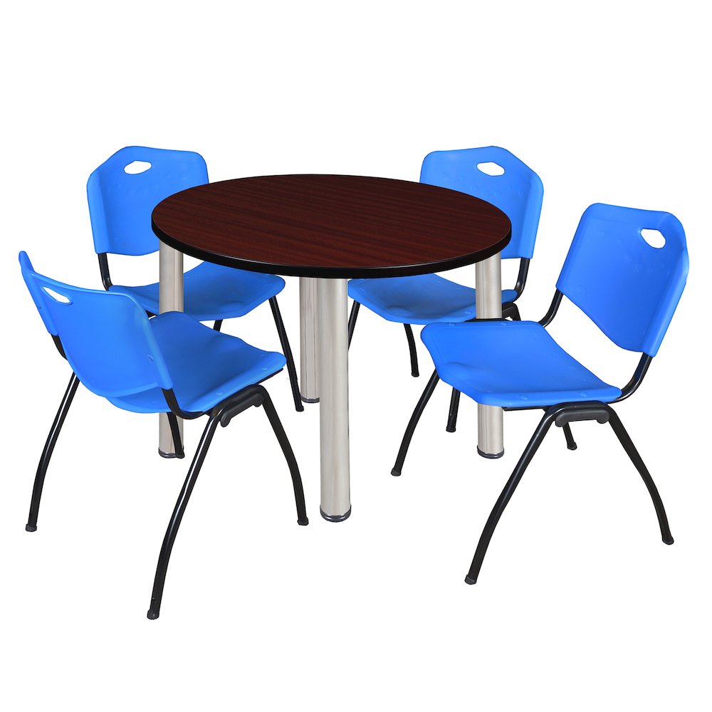 36 in Round Breakroom Table- Mahogany Top, Chrome Legs, 4 M Stack Chairs- Blue. Picture 1