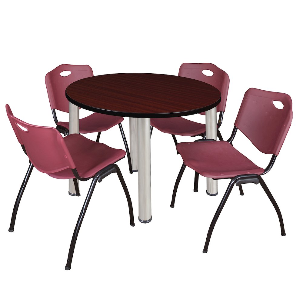 36 Round Breakroom Table- Mahogany Top, Chrome Legs, 4 M Stack Chairs- Burgundy. Picture 1