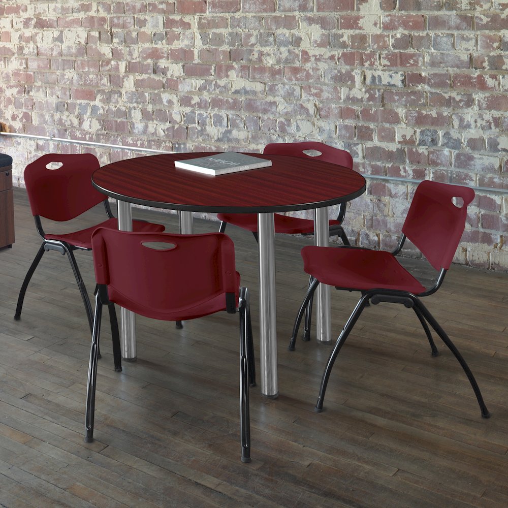 36 Round Breakroom Table- Mahogany Top, Chrome Legs, 4 M Stack Chairs- Burgundy. Picture 6