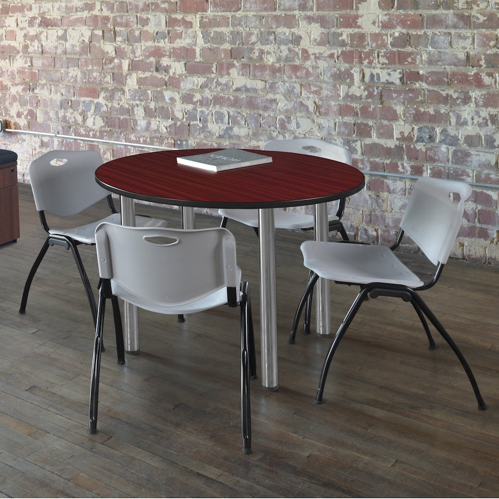 36 in Round Breakroom Table- Mahogany Top, Chrome Legs, 4 M Stack Chairs- Grey. Picture 6